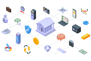 Isometric banking elements. Atm, a Finance Illustration by Valerie Bodnar