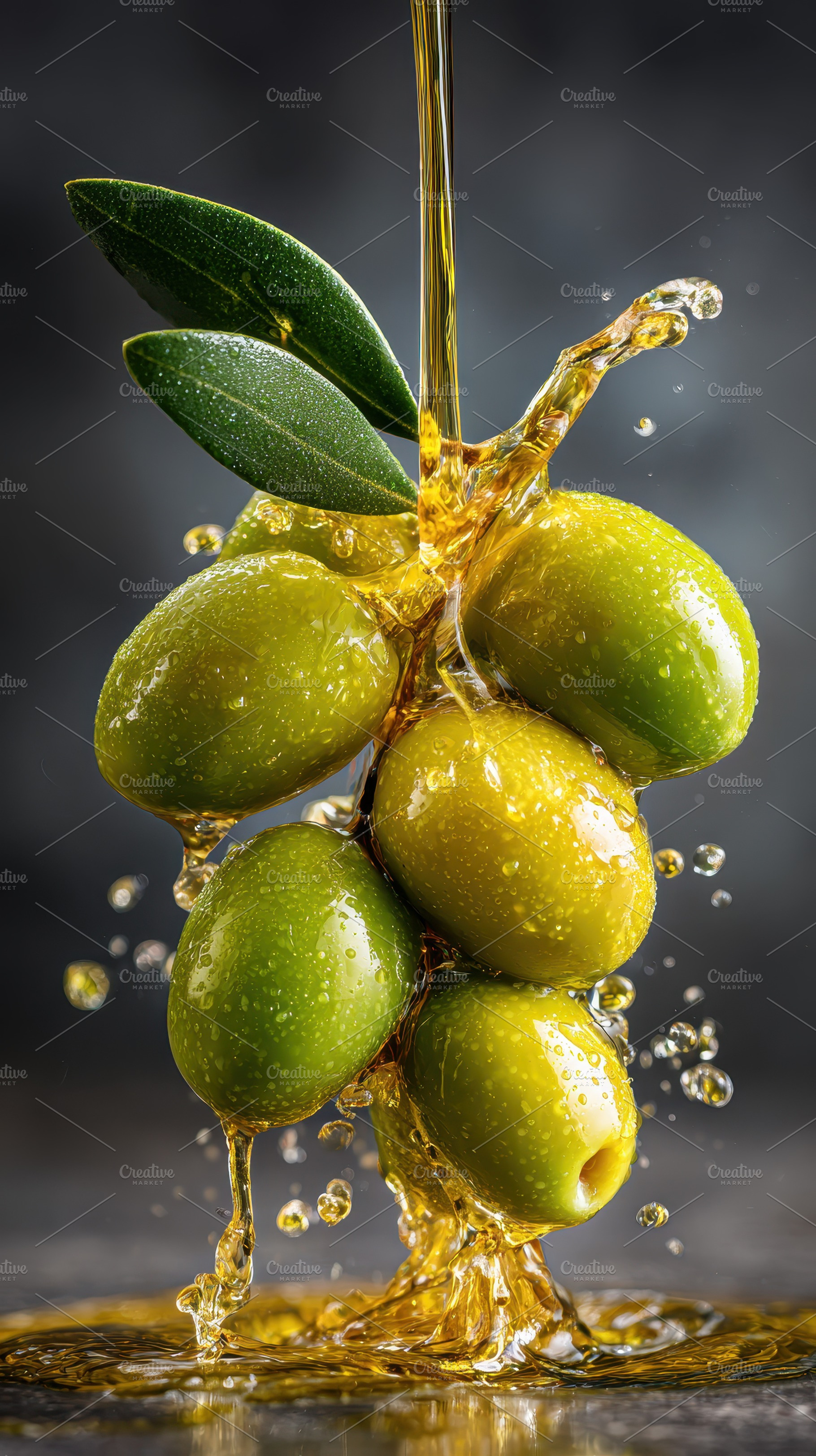 Green olives drenched in golden oliv, a Photo by Pixeness Studio