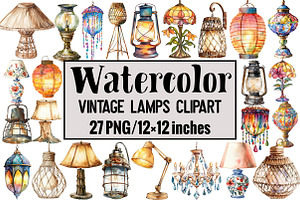 Watercolor Vintage Lamps Clipart, an Illustration by Design Market