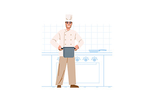 Smiling chef holding pot in, a Food Illustration by pikepicture