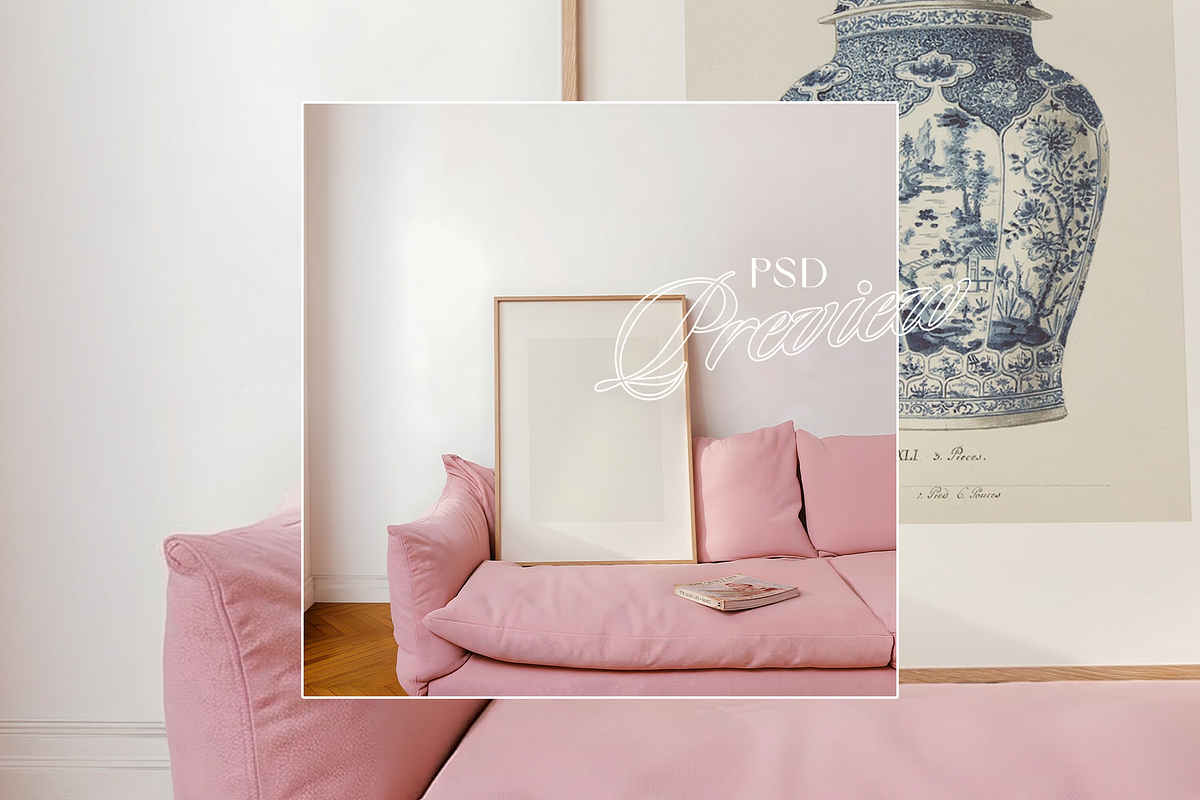 DIN A Frame Pink Couch Mockup (PSD), an Advertising Mockup by WasMockups (Photo 5 of 5)