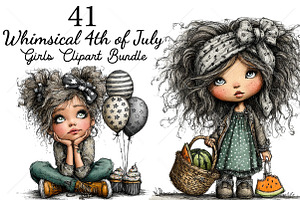 Whimsical 4th of July Girls Clipart, a Seasonal Illustration by Canvas Craft