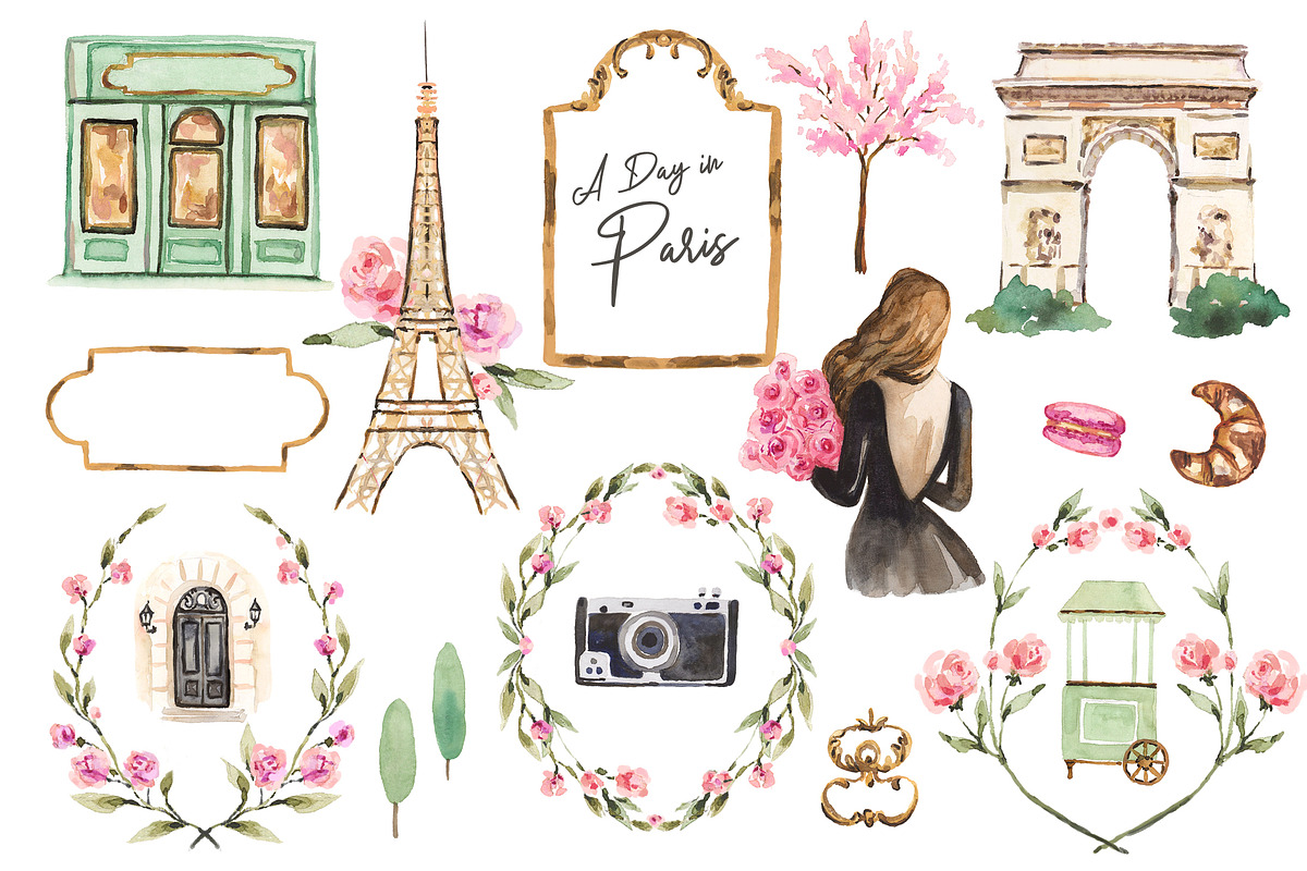 Paris Landmarks Watercolor Clipart, an Illustration by RhianAwni (Photo 1 of 6)