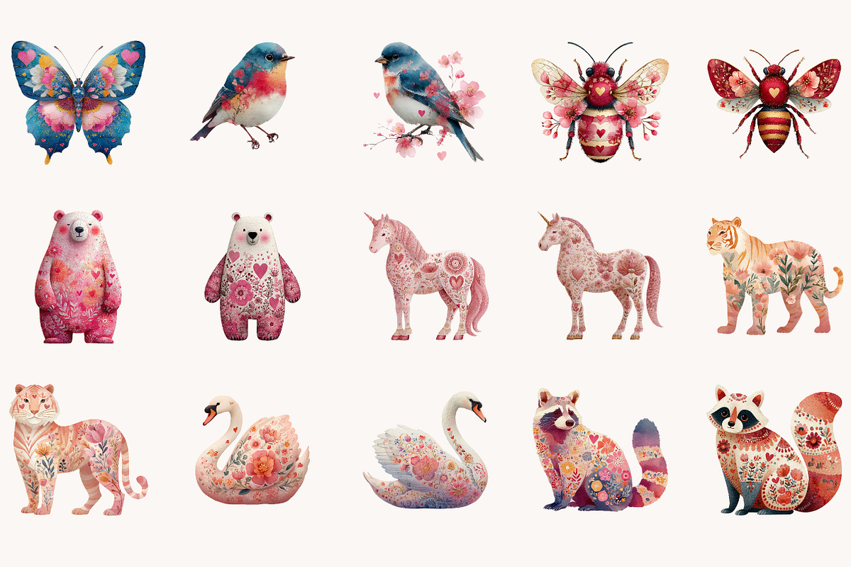 Floral Valentine Animal Clipart, an Illustration by Designworld (Photo 3 of 10)
