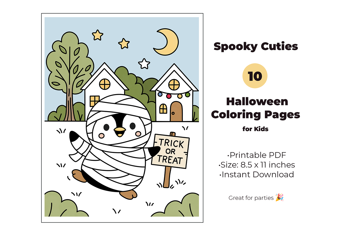 10 Cute Halloween Coloring Pages PDF, an Animal Illustration by tetiartline (Photo 1 of 3)