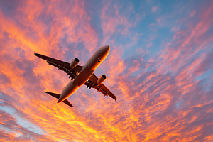 Aircraft flying low against a vibrant sunset sky filled with clouds, a Photo by AlyaAnd