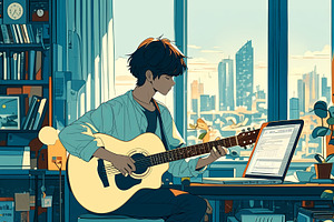 Young musician playing acoustic guitar in a cozy modern apartment, an Illustration by AS photostudio