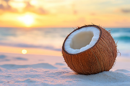 Fresh coconut on sandy beach on seaside background, a Food & Drink Photo by AlyaAnd