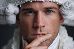 Portrait of a man in historical costume with elaborate hairstyle and thoughtful, a Holiday Photo by AlyaAnd
