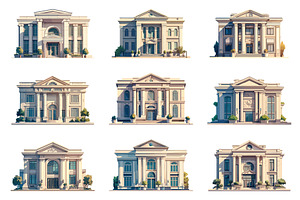 Set of various bank buildings in, an Object Illustration by LadadikArt