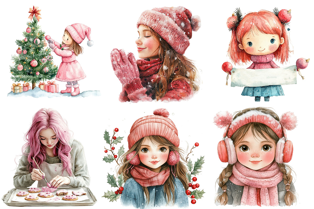 Cute Girl Pink Christmas Clipart, an Illustration by DreamArtGraphic (Photo 4 of 5)