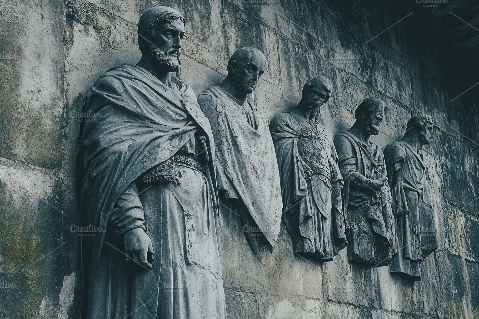 A group of fictional statues arrange, a Photo by Pavel_design