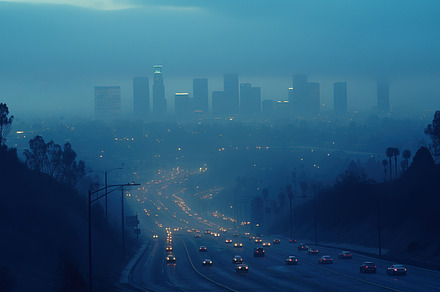 Highway with heavy traffic fading into the mist, with big city i, a Transportation Photo by Studio Light & Shade