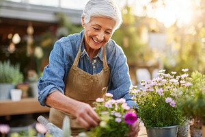 Elderly woman enjoying gardening in sunlight, a Person Photo by AlyaAnd