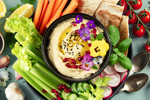 Colorful Hummus Platter with Fresh Vegetables and Pita, a Food & Drink Photo by Natalia Klenova's Shop