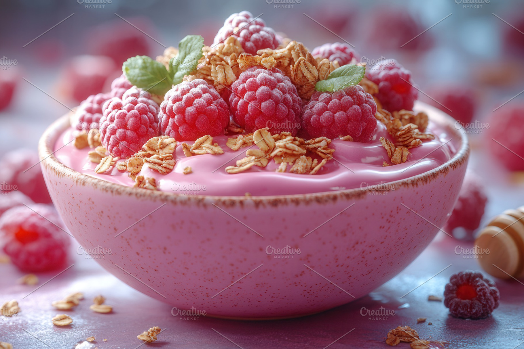 Delicious pink yogurt topped with fr, a Photo by Tanuart
