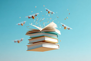 Stack of books flying through the air with letters swirling around them in a cl, a Photo by AlyaAnd