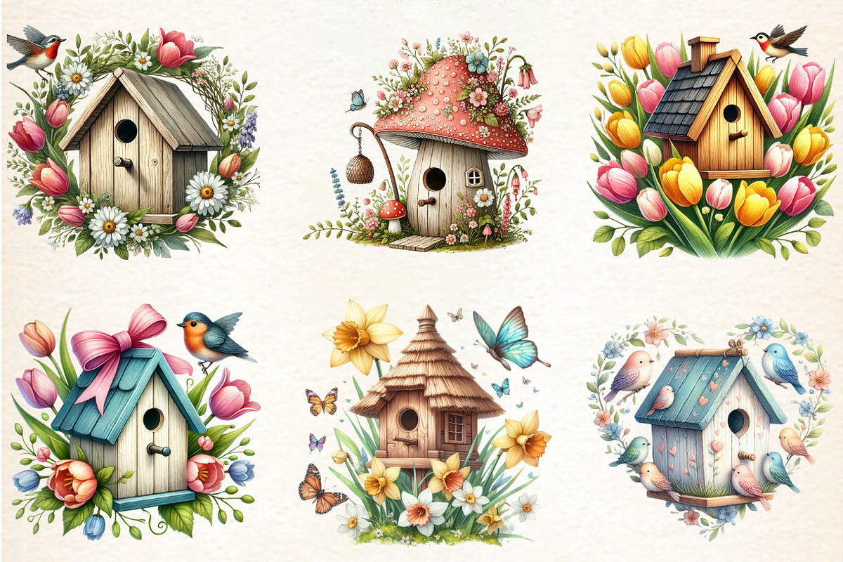 Watercolor Spring Bird Houses, a Seasonal Illustration by DreamArtGraphic (Photo 3 of 5)