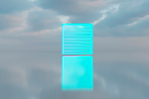 Floating cyan neon square panel with futuristic glow, an Architecture Photo by RF Images