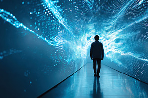 Person in a blue digital tunnel, an Abstract Photo by AlyaAnd