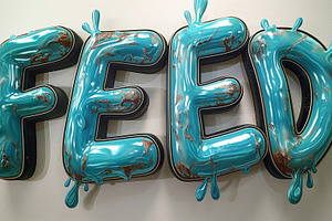 Colorful 3D artwork spelling 'FEED' with a glossy turquoise finish and playful, a Background Photo by ImageMir