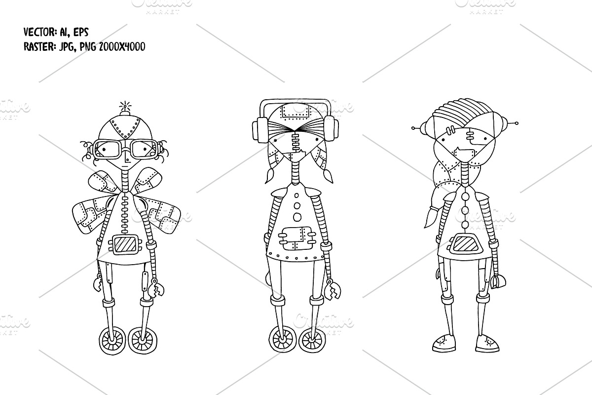 9 robots in the style of doodle., an Object Illustration by palllna (Photo 4 of 4)