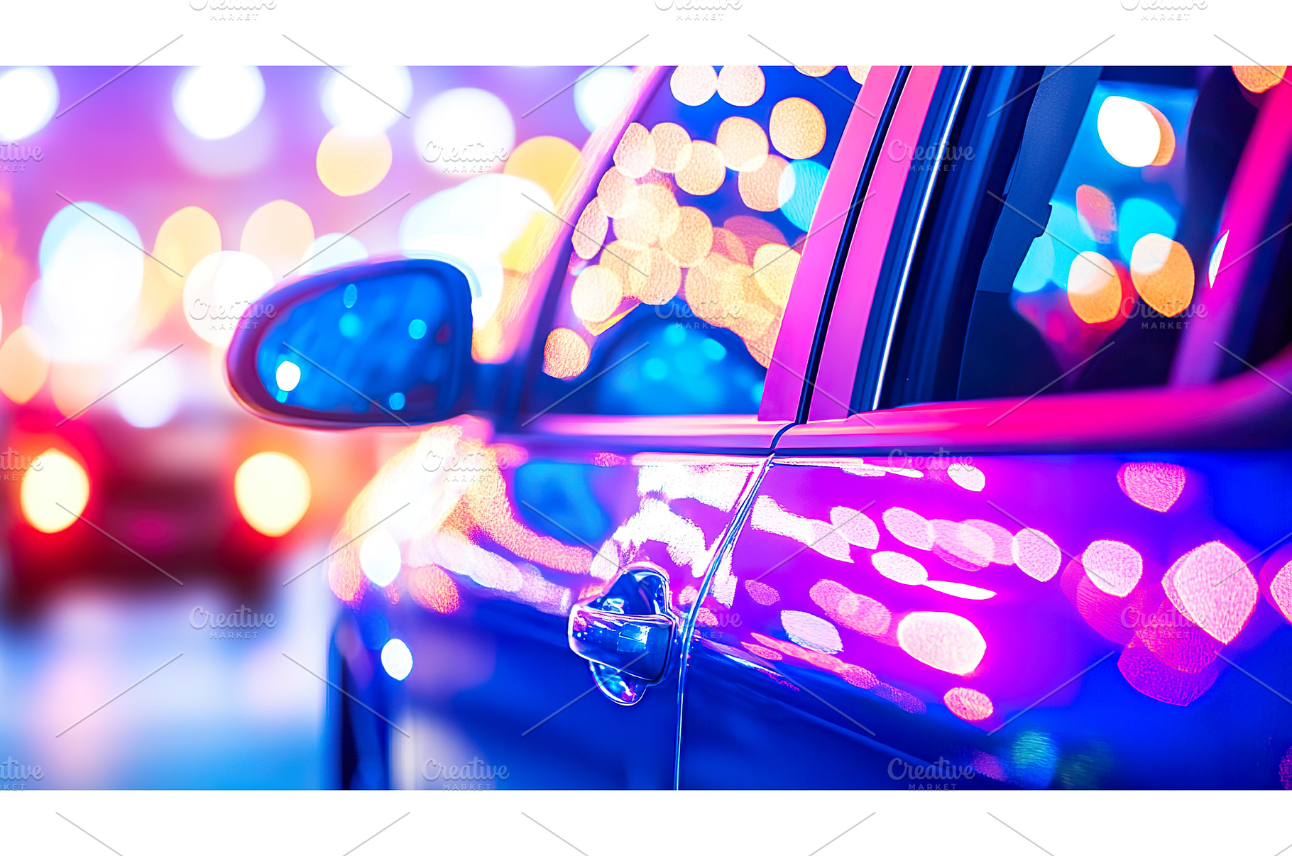 Close up of car with vibrant city, a Transportation Photo by Lermont51