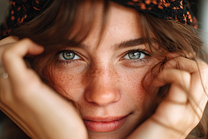 Young woman with freckles and bright blue eyes poses warmly with hands on her f, a Person Photo by AlyaAnd