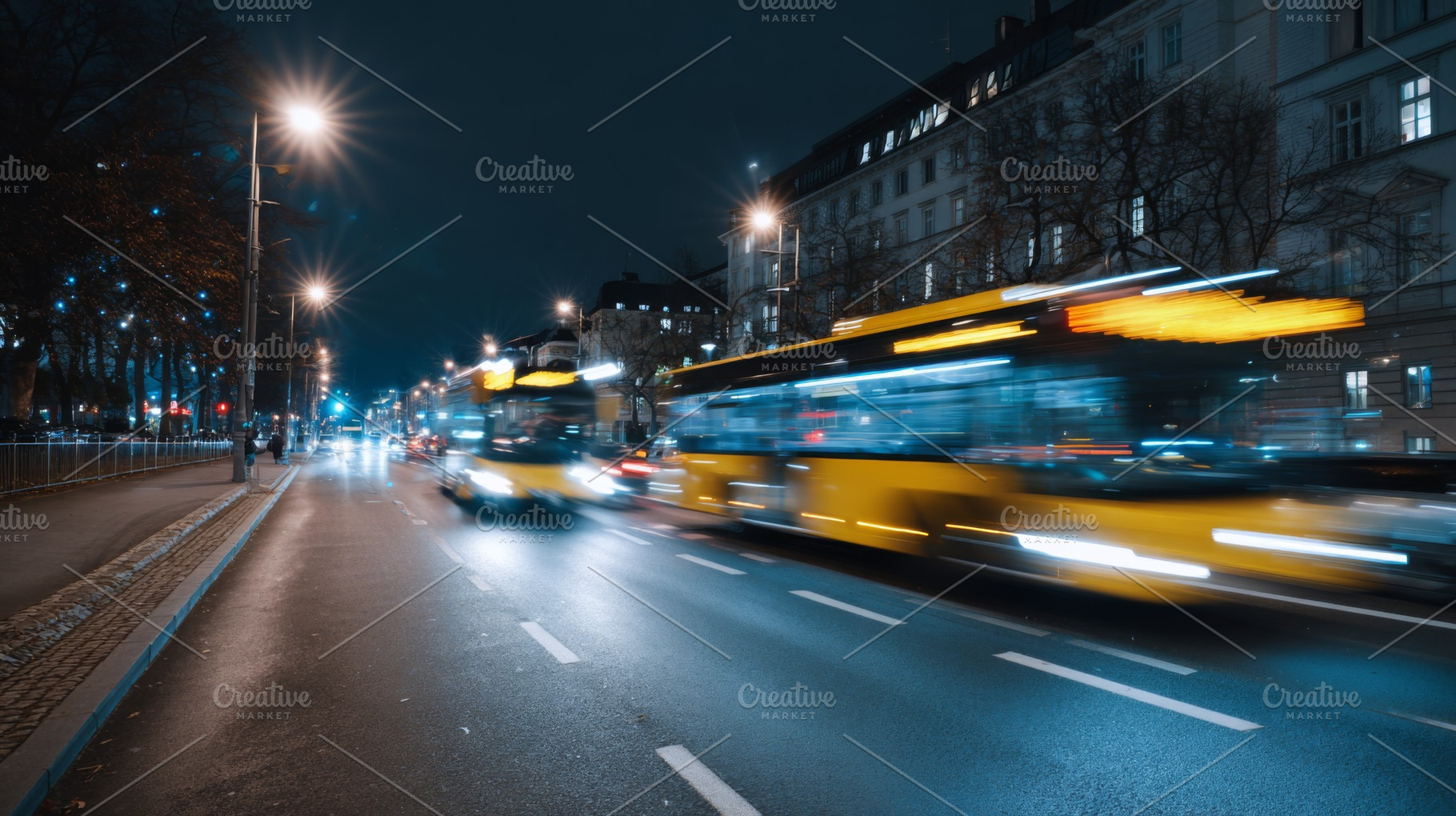 A dynamic night scene of blurred city buses and traffic, showcasing urban life, a Business Photo by ImageMir