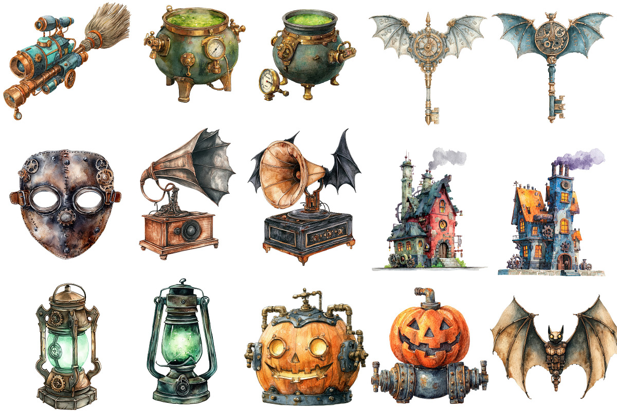 Watercolor Steampunk Halloween PNG, an Illustration by Designking (Photo 4 of 5)