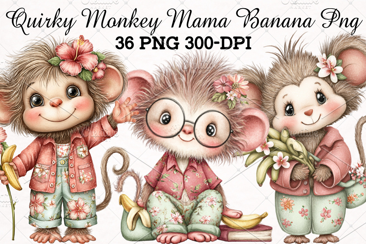 Quirky Monkey Mama Banana Clipart, an Animal Illustration by RobertsArt (Photo 1 of 5)
