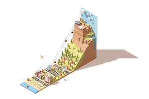 Vector Isometric Cableway From The Beach To The Hill Infographic