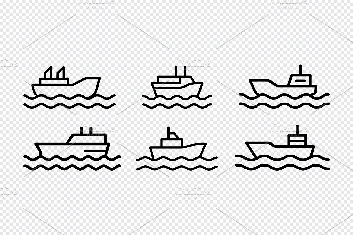 Set of stylized ship icons on water, an Icon by Toufiqul