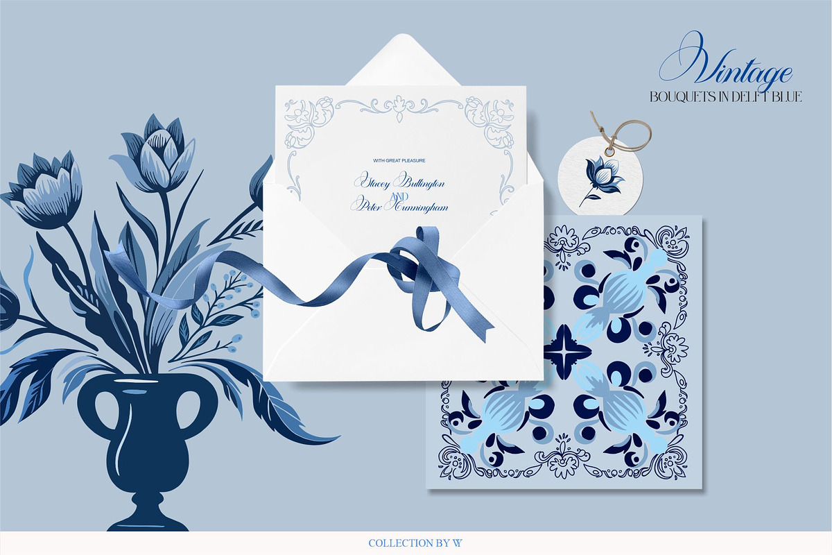 Vintage Bouquets In Delft Blue, a Decorative Illustration by Collection by VY (Photo 3 of 12)
