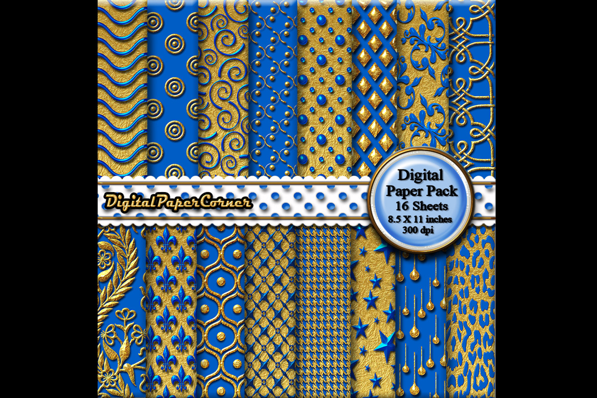 Gold Blue Embpssed Digital Paper, a Pattern Graphic by Digital Paper Corner