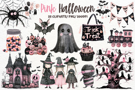 Watercolor Cute Pink Halloween PNG