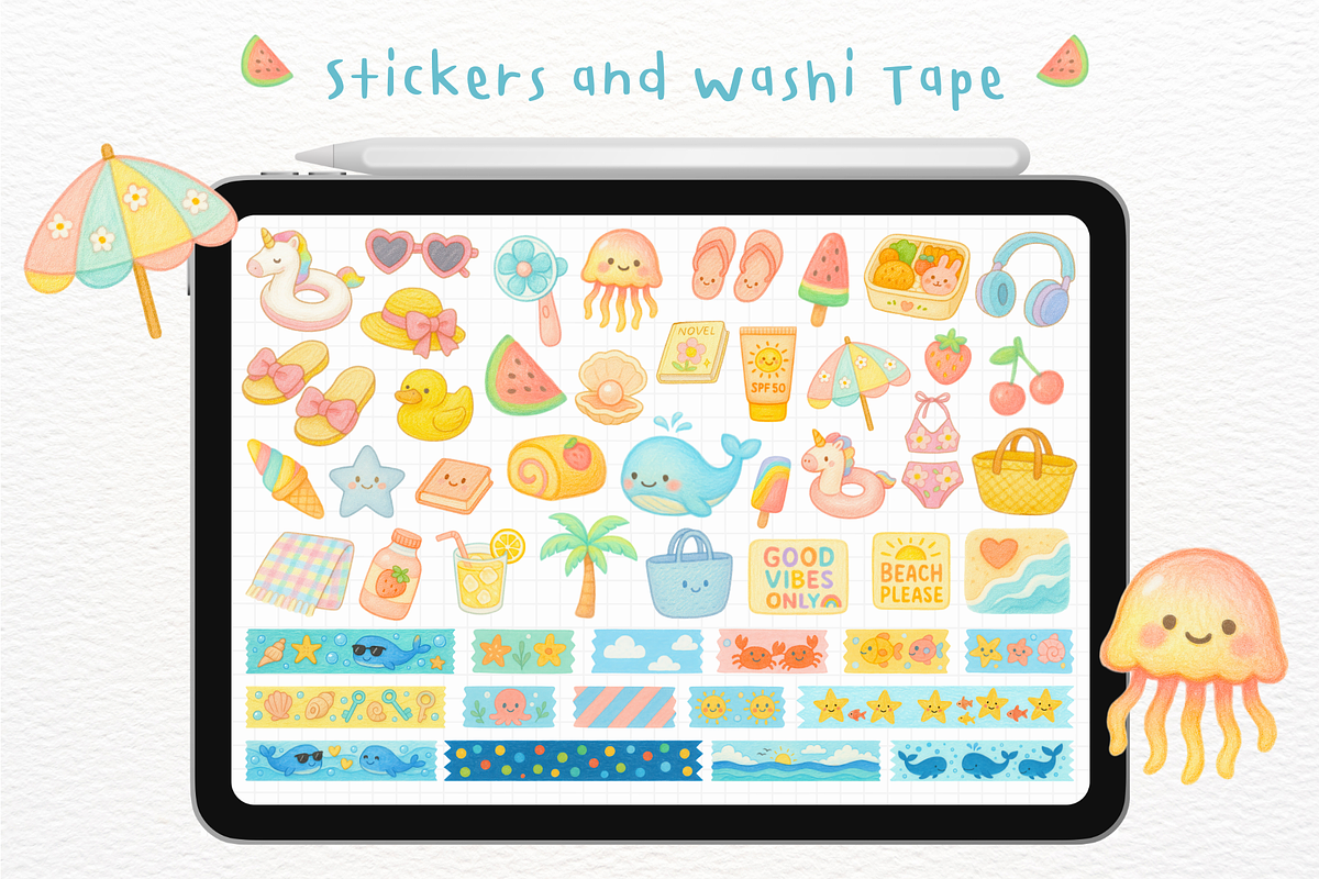 Kawaii Beach Goodnotes Stickers, an Illustration by mimimeow (Photo 2 of 3)