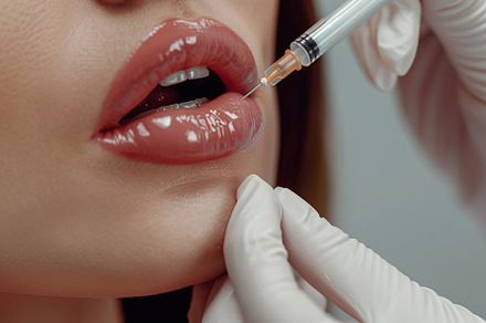Closeup of young woman getting hyaluronic acid injection in lips, a Health & Medical Photo by AlyaAnd