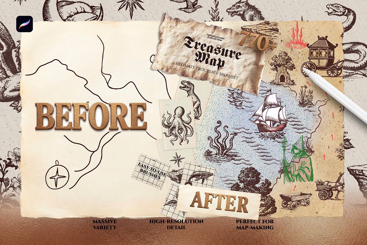 Treasure Map Procreate Brushes, a Shape Add-On by Spasibenko Art (Photo 2 of 13)