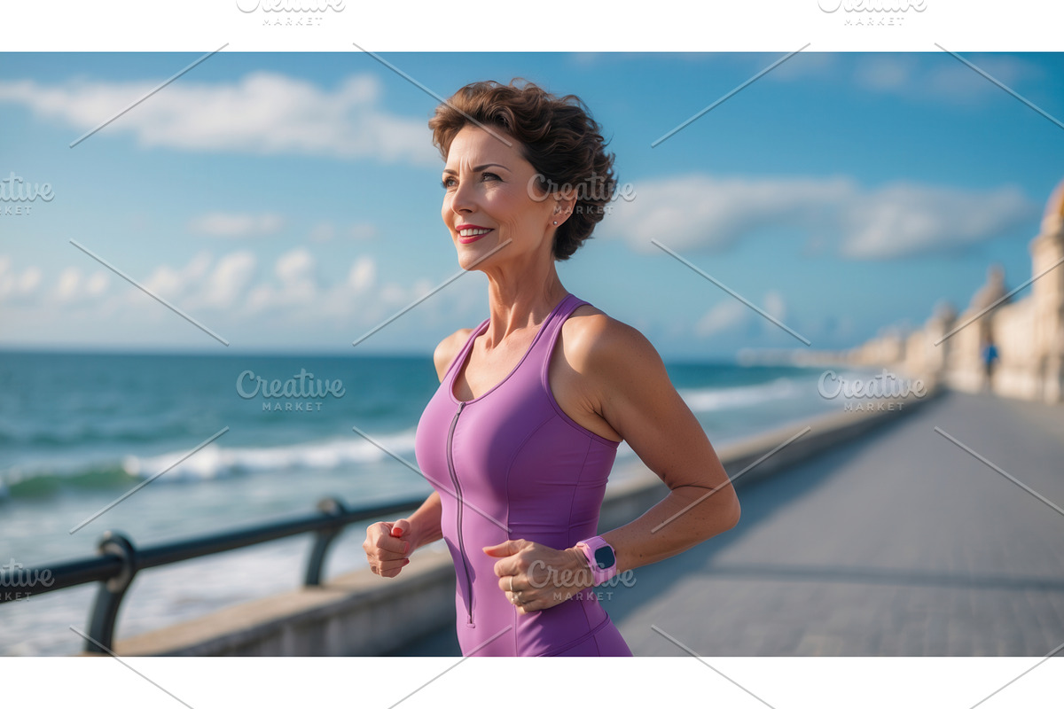 Active woman jogging along a seaside, an Illustration by tilialucida