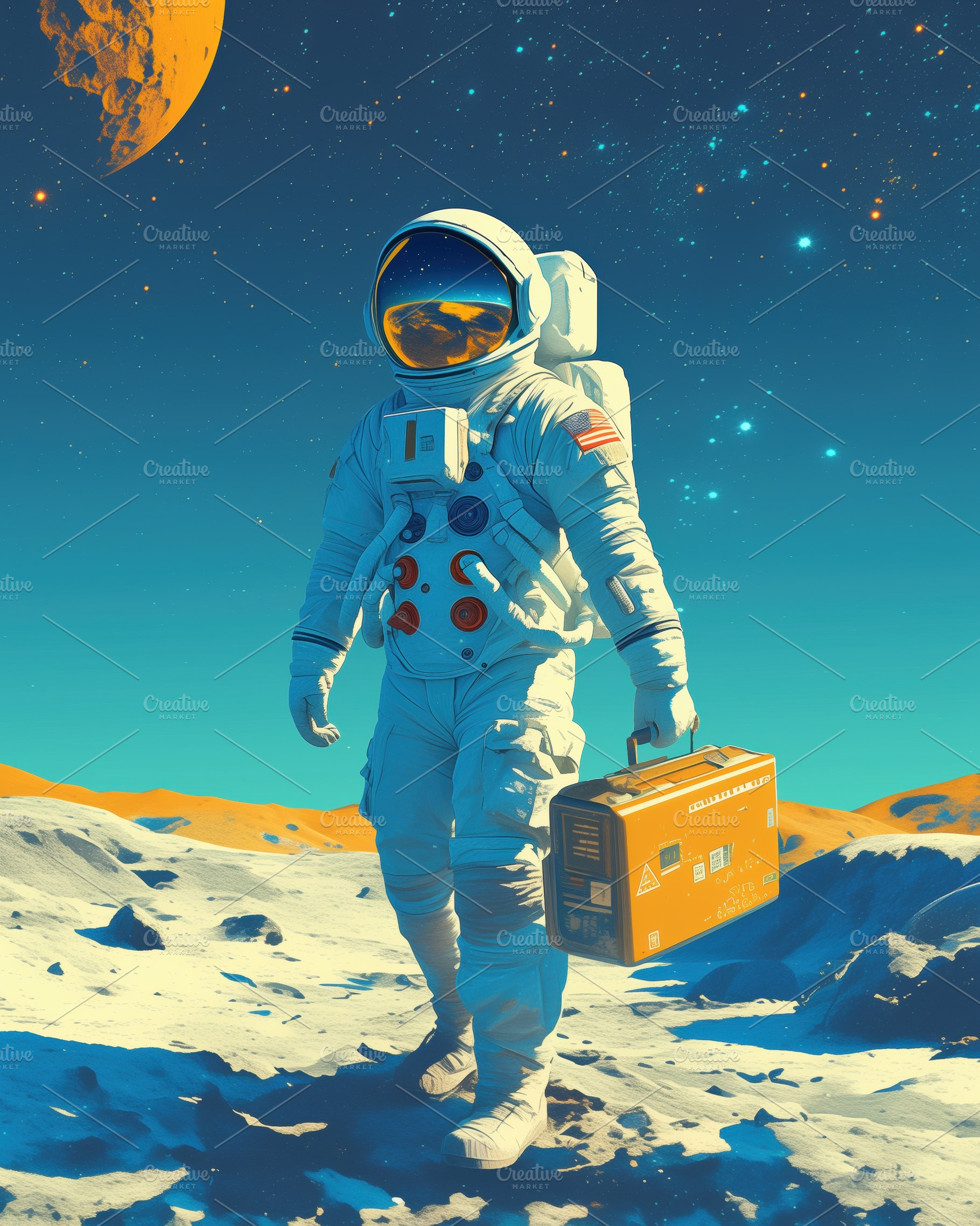 An astronaut in a white space suit stands on a lunar-like surface, holding an o, an Arts & Entertainment Photo by Textures & Backgrounds