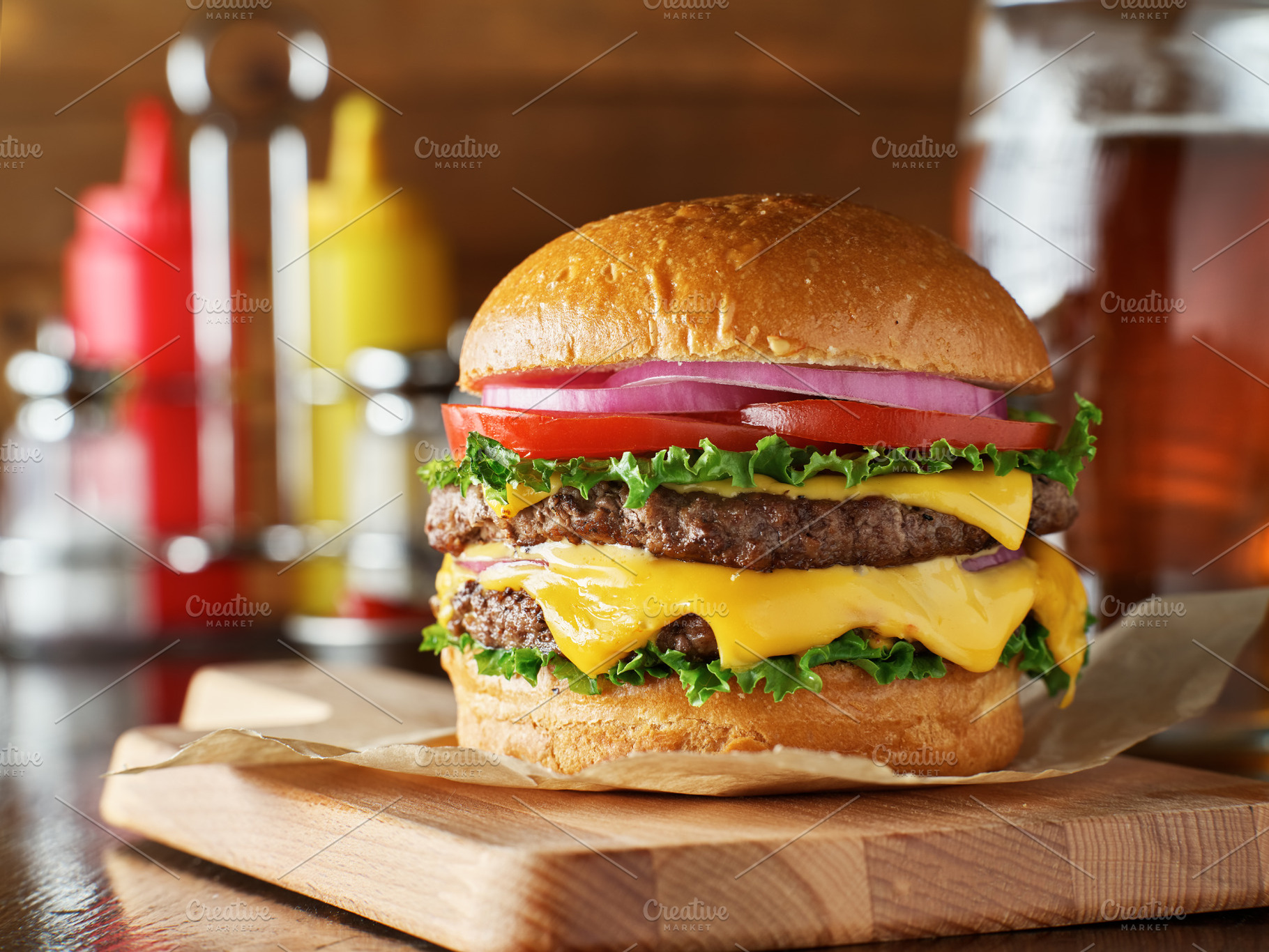 double cheese burger close up, a Food & Drink Photo by RezArt