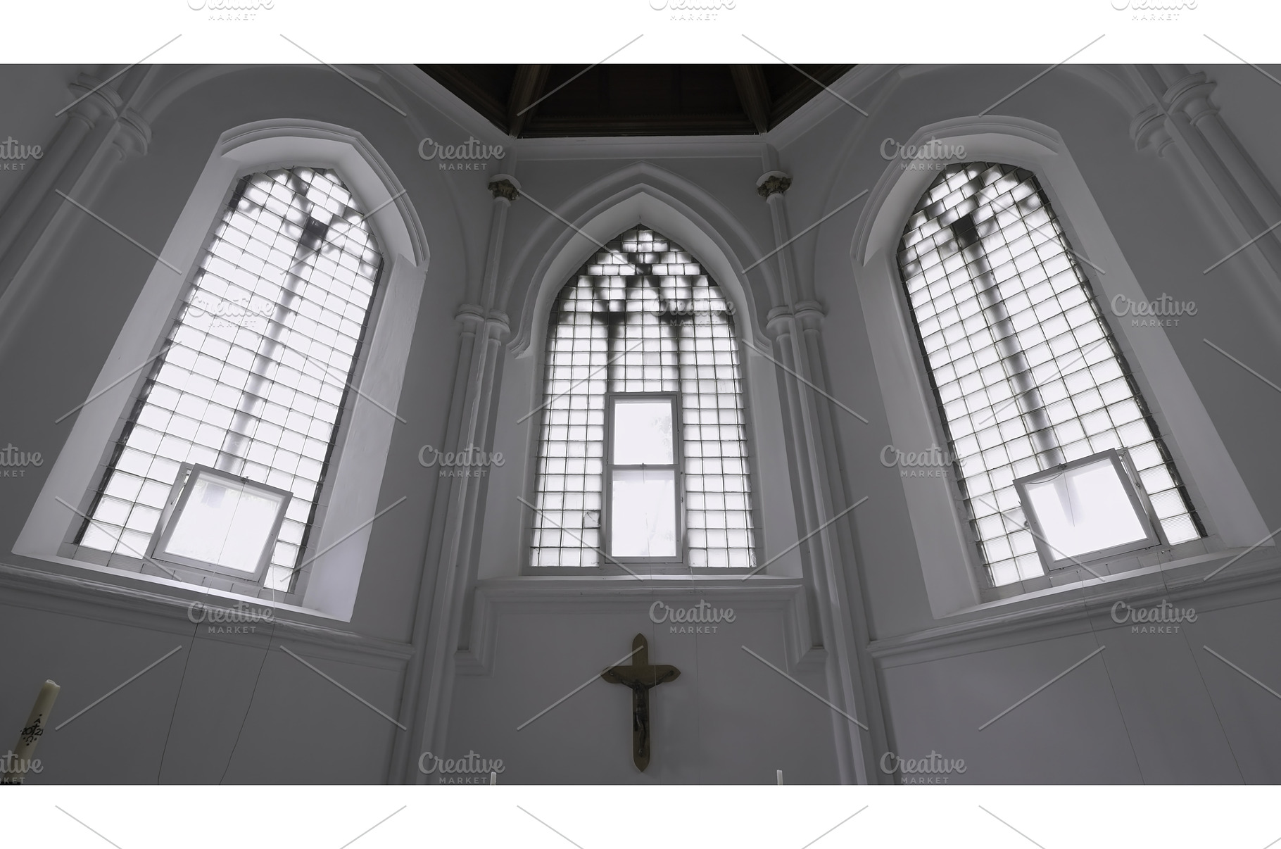 View inside of a white chapel with, an Architecture Photo by Media Whale Stock
