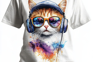 Cool Cat T-shirt Design Watercolor S, a Beauty & Fashion Photo by Pixeness Studio