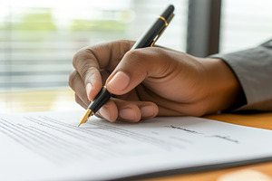 A hand poised above a document, usin, a Photo by Tanuart