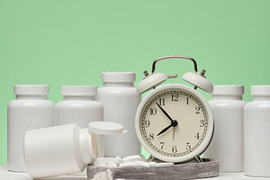 A set of white plastic pill bottles and an alarm clock are place, a Health & Medical Photo by ndanko