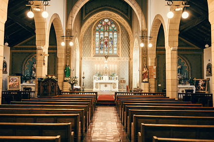 church, interior and worship building for religion or religious catholic faith. Medieval spiritual architecture, christianity and italian cathedral monument in Europe for holy weddings or baptism, a Photo by Peopleimages.com