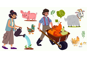 Farm garden workers and animals set, an Animal Illustration by art PVP - market
