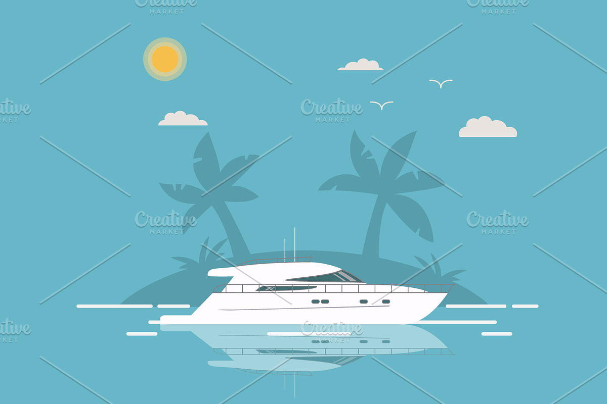 Yacht tropical island palm tree., a Transportation Illustration by Dukesn