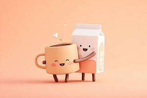 Cute cup embraces a soft beige milk carton in a playful display of friendship, a Food & Drink Photo by AlyaAnd